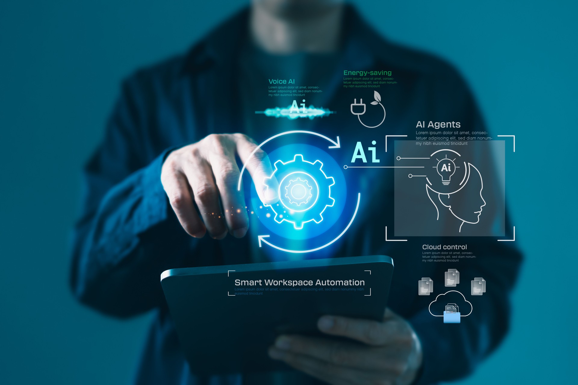 AI-powered smart workspace automation interface with cloud system, digital agents, and energy-efficient technology for future business and productivity