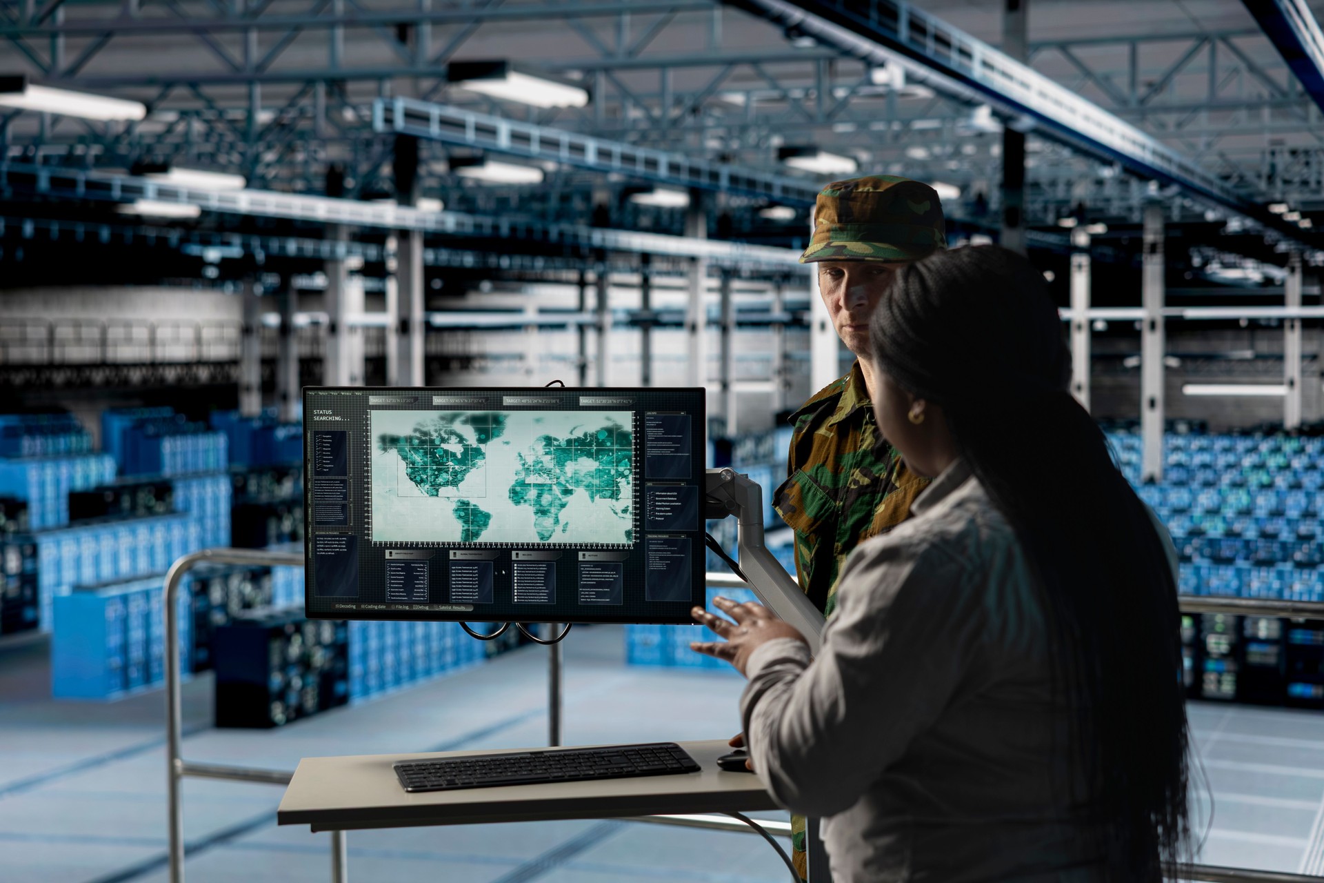 Team of military experts in data center examining mission coverage zones