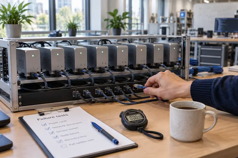 Engineer unplugging a network cable from a rack of test devices during failure testing