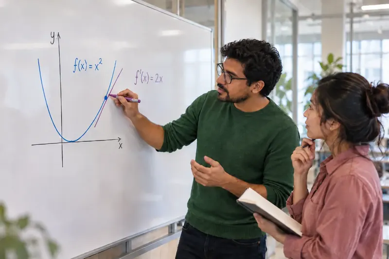 Two colleagues exploring derivatives and a tangent line at a whiteboard