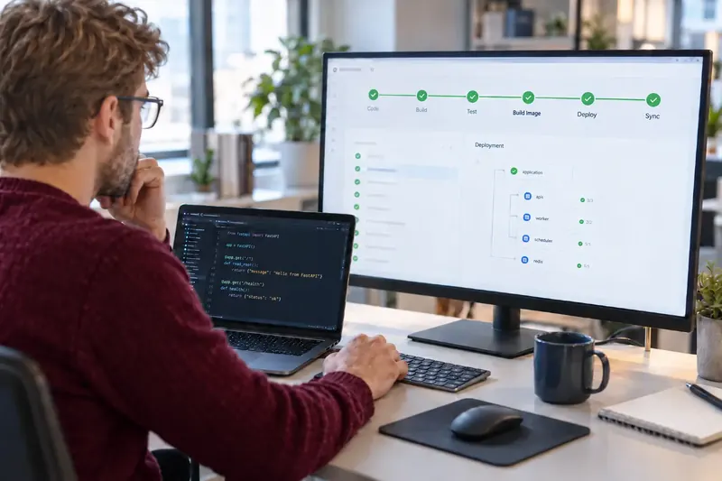 Developer in a burgundy sweater monitoring a successful application deployment