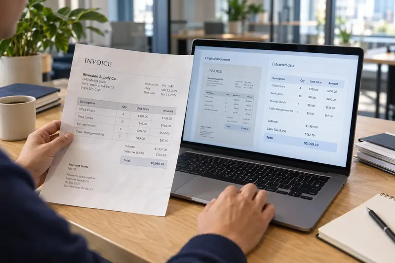 Reviewing a printed invoice alongside OCR extracted data in a modern office