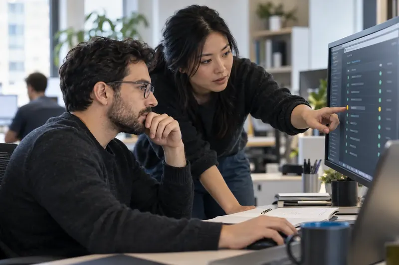 Two engineers reviewing AI evaluation results on a monitor