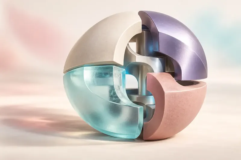 Interlocking ceramic, metal, and glass forms representing the components of an AI agent