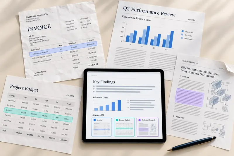 Business documents and a tablet combining findings from invoices, tables, and research