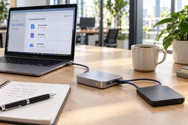 Modern office workspace with connected tools on a laptop and an aluminum docking hub