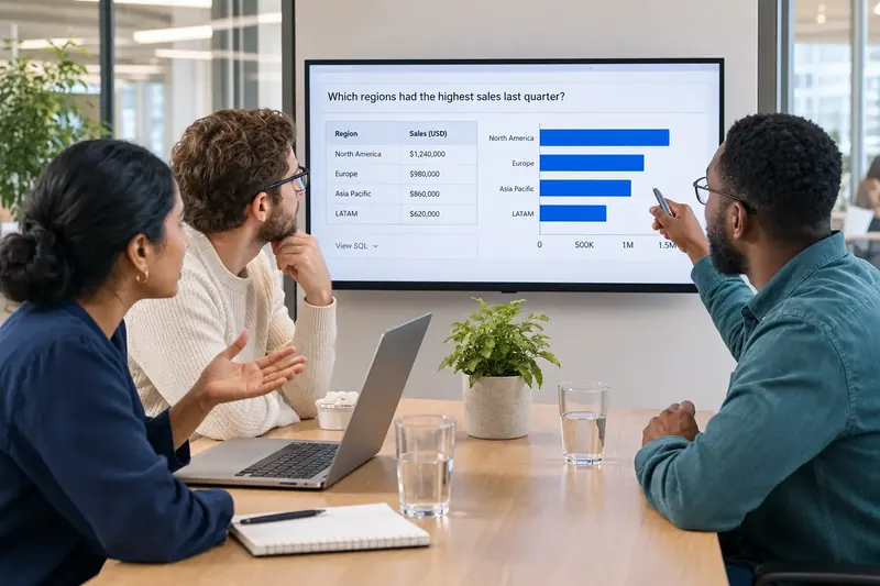 Colleagues discussing sales results generated from a natural-language business question