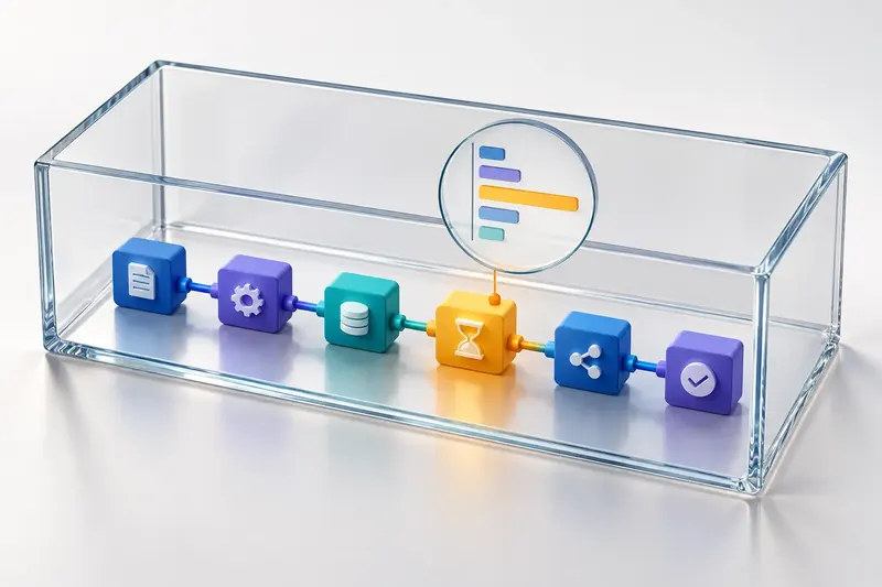 Transparent glass workflow with an amber bottleneck and magnified timing bars