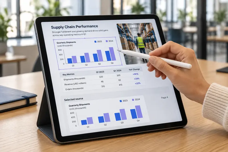 A tablet displaying a supply chain report with a selected chart and its source